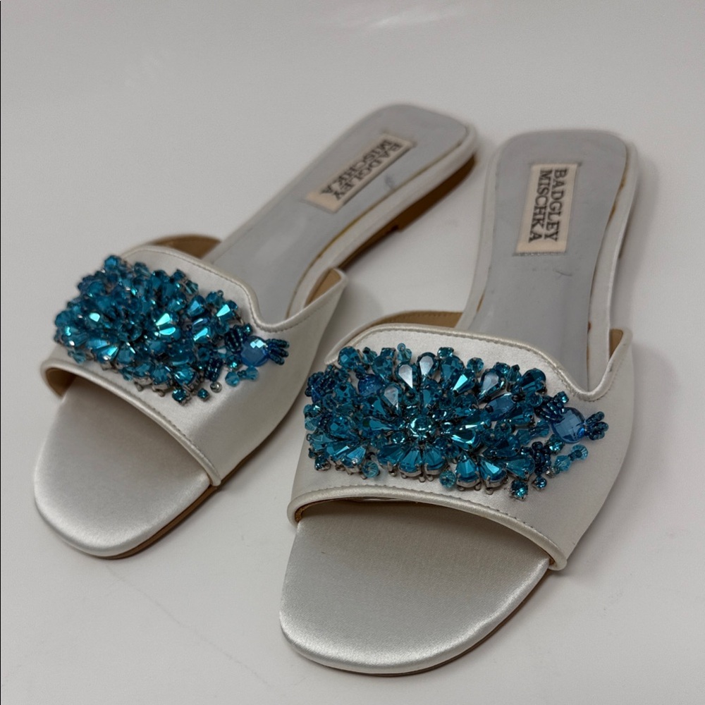 Badgley Mischka White Sandals with Blue Embellishments